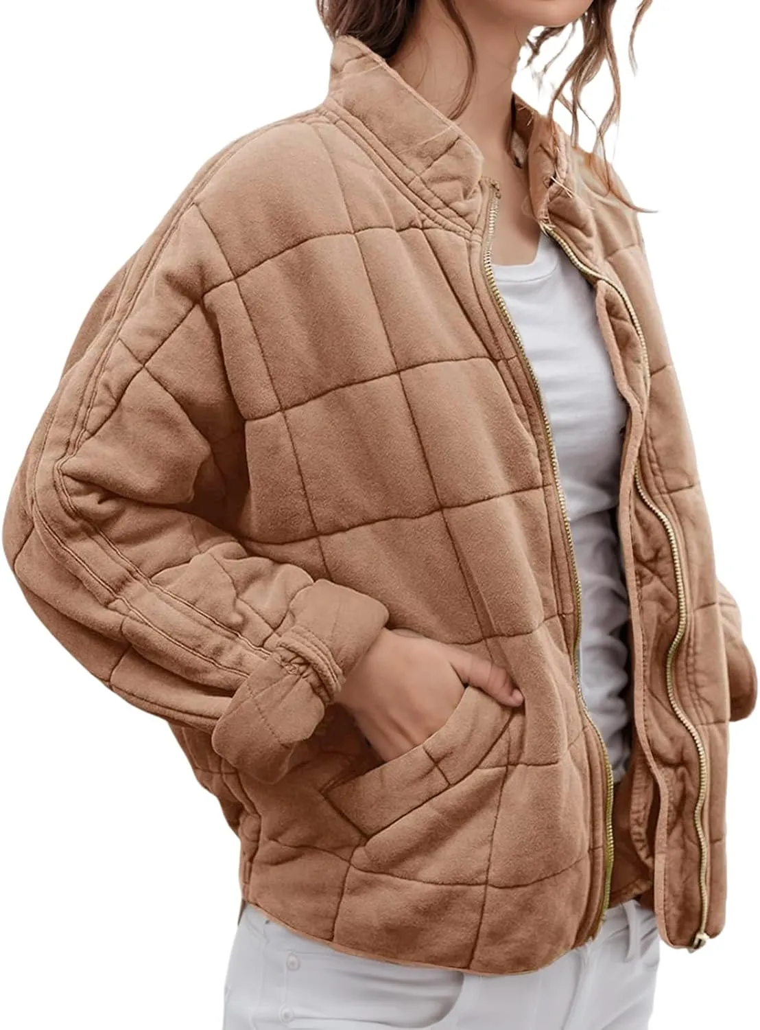 Quilted Jackets for Women Lightweight Puffer Jacket Oversized Casual Zip Up Coats Warm Winter Bomber Outerwear Pockets
