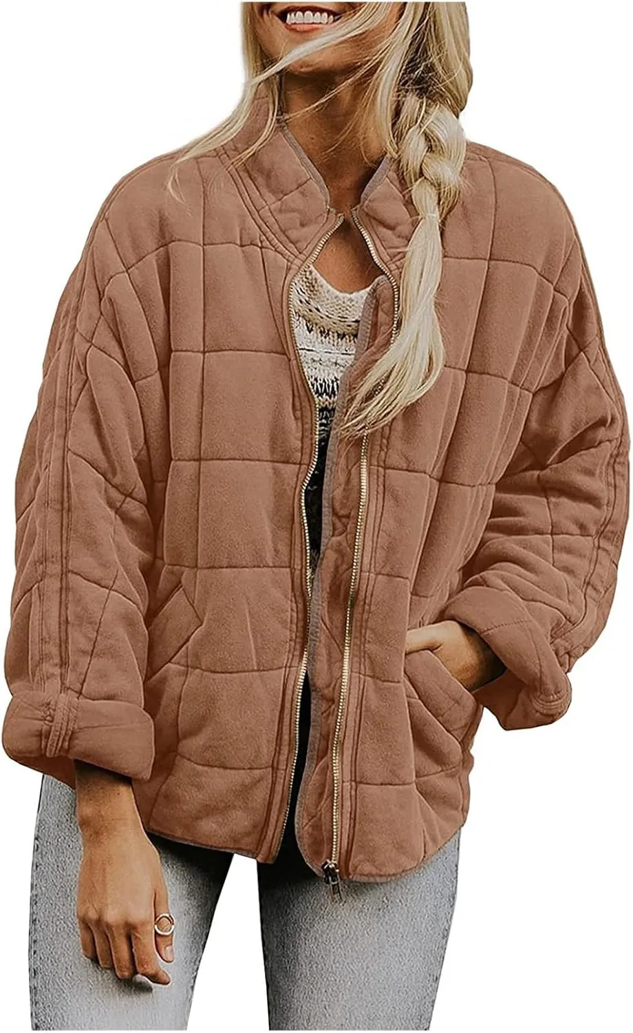 Quilted Jackets for Women Lightweight Puffer Jacket Oversized Casual Zip Up Coats Warm Winter Bomber Outerwear Pockets