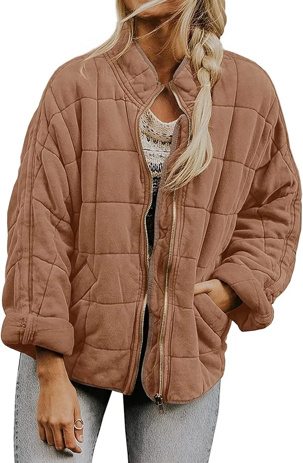 Quilted Jackets for Women Lightweight Puffer Jacket Oversized Casual Zip Up Coats Warm Winter Bomber Outerwear Pockets