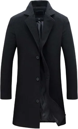 QWENTMTNTY Wool Pea Coats for Men Winter Slim Fit Casual Single Breasted Trench Coat Mid-Length Thermal Business Peacoat