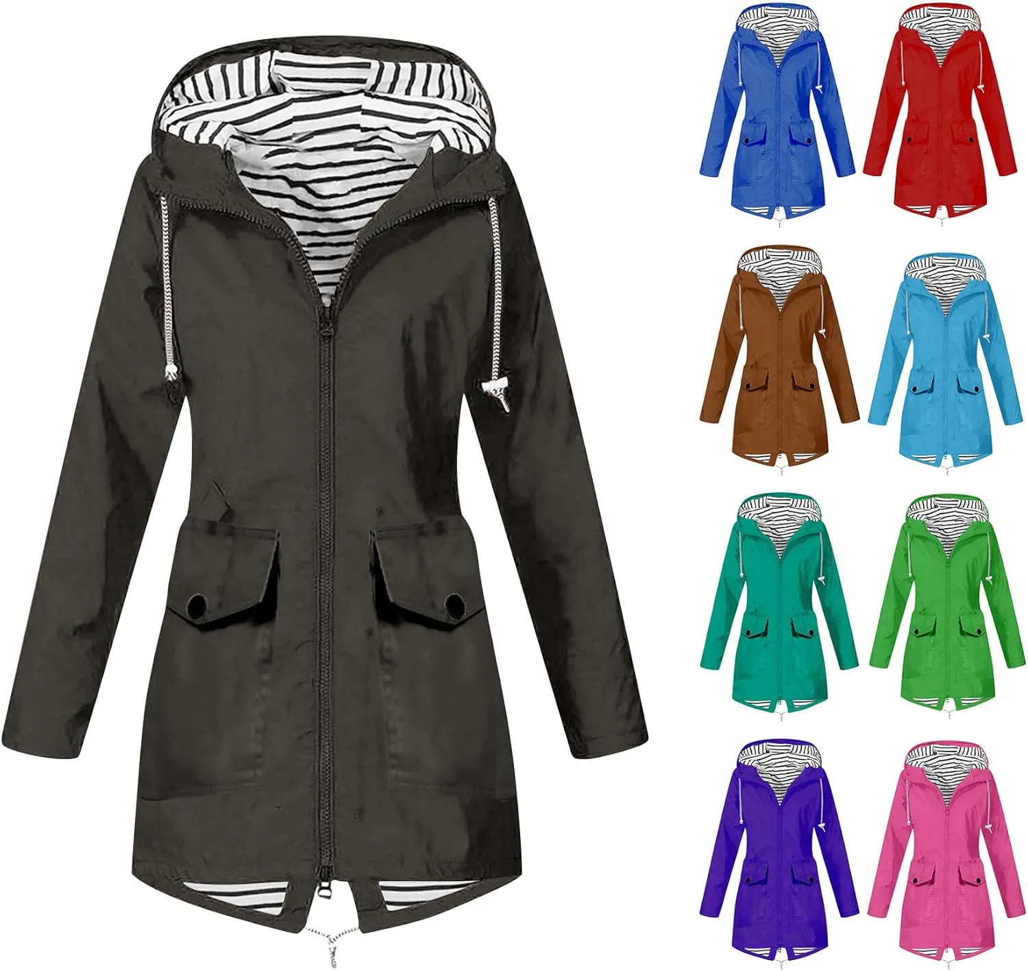Rain Coats For Women Hiking Nylon Waterproof Hooded Zipper Length Coat Fall Winter Solid Color Outdoor Rain Jackets