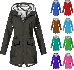 Rain Coats For Women Hiking Nylon Waterproof Hooded Zipper Length Coat Fall Winter Solid Color Outdoor Rain Jackets