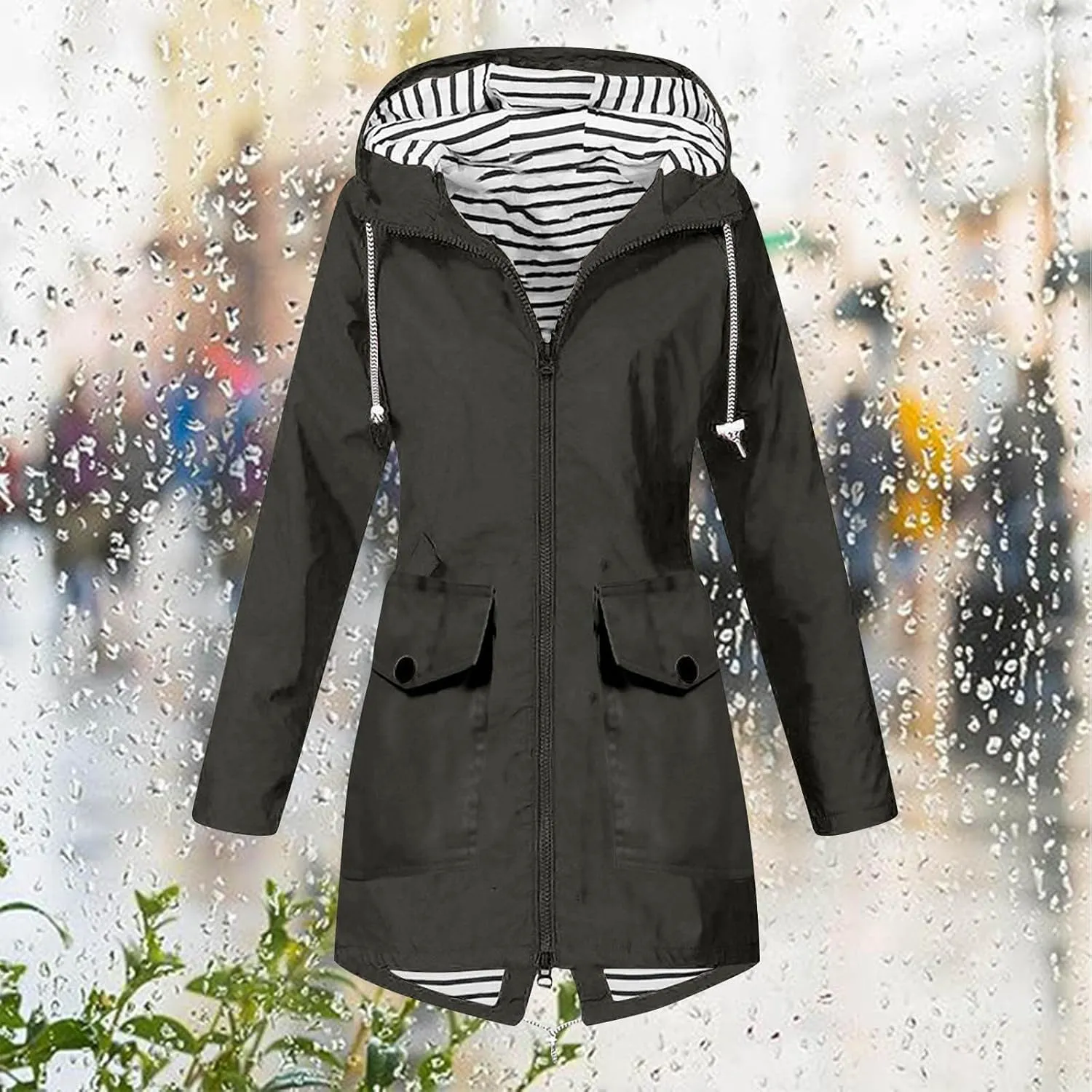 Rain Coats For Women Hiking Nylon Waterproof Hooded Zipper Length Coat Fall Winter Solid Color Outdoor Rain Jackets