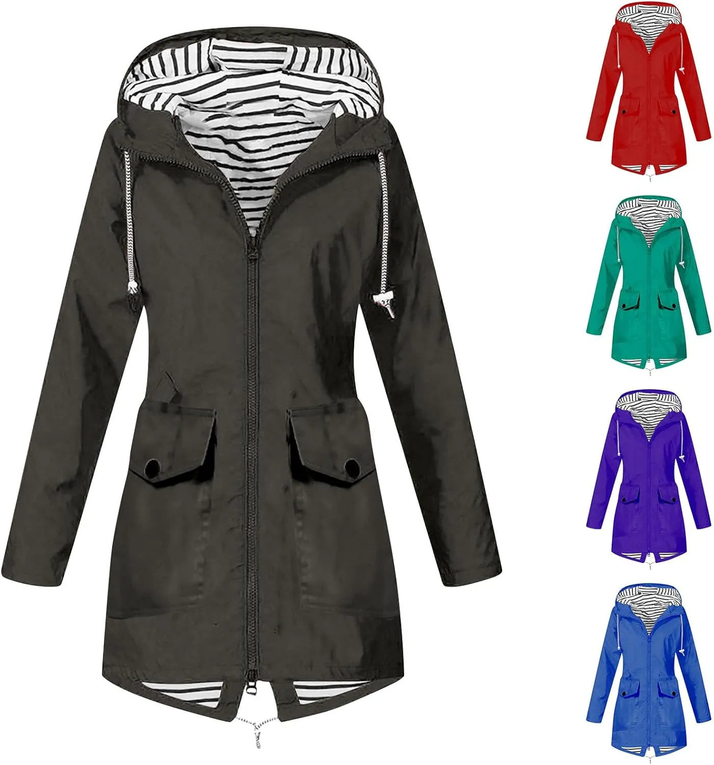 Rain Coats For Women Hiking Nylon Waterproof Hooded Zipper Length Coat Fall Winter Solid Color Outdoor Rain Jackets