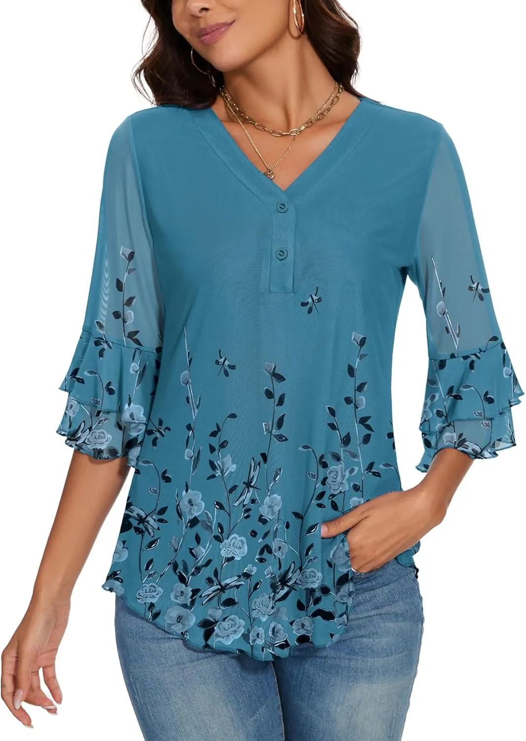 Rapbin Women Dressy Blouse 3/4 Sleeve Tiered Bell Sleeve Double Layers Mesh Shirt Trendy Flowy Tunic