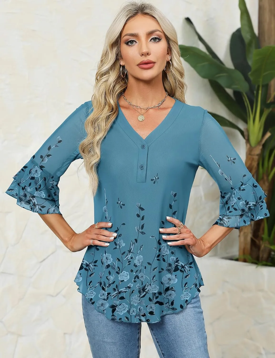 Rapbin Women Dressy Blouse 3/4 Sleeve Tiered Bell Sleeve Double Layers Mesh Shirt Trendy Flowy Tunic