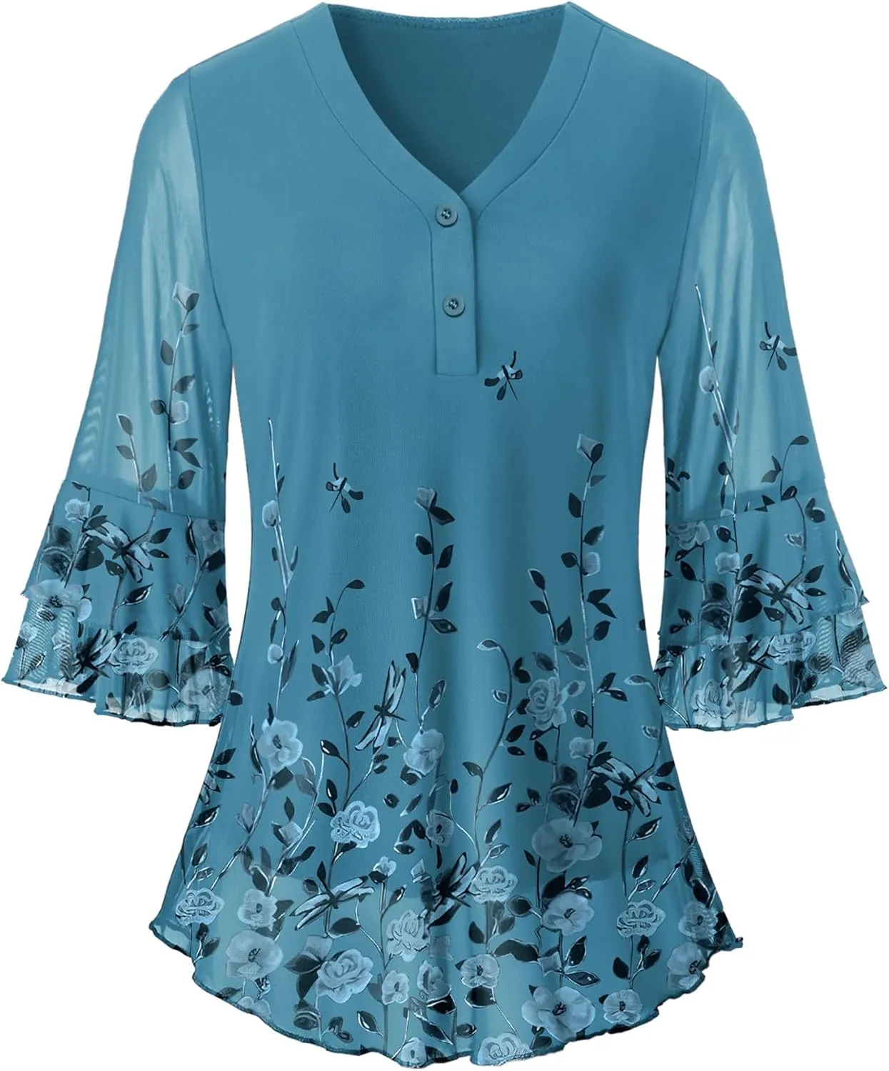 Rapbin Women Dressy Blouse 3/4 Sleeve Tiered Bell Sleeve Double Layers Mesh Shirt Trendy Flowy Tunic