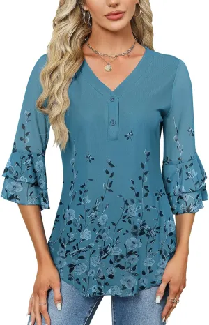 Rapbin Women Dressy Blouse 3/4 Sleeve Tiered Bell Sleeve Double Layers Mesh Shirt Trendy Flowy Tunic