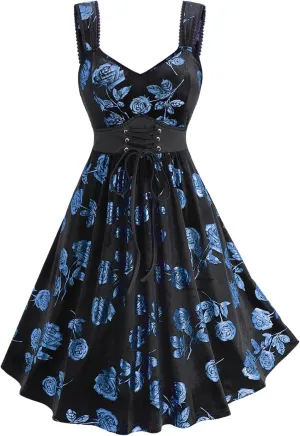 Rosegal Women Plus Size Gilding Rose Lace Up Velvet Sleeveless Swing Dress