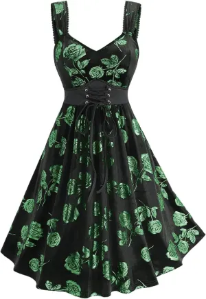 Rosegal Women Plus Size Gilding Rose Lace Up Velvet Sleeveless Swing Dress