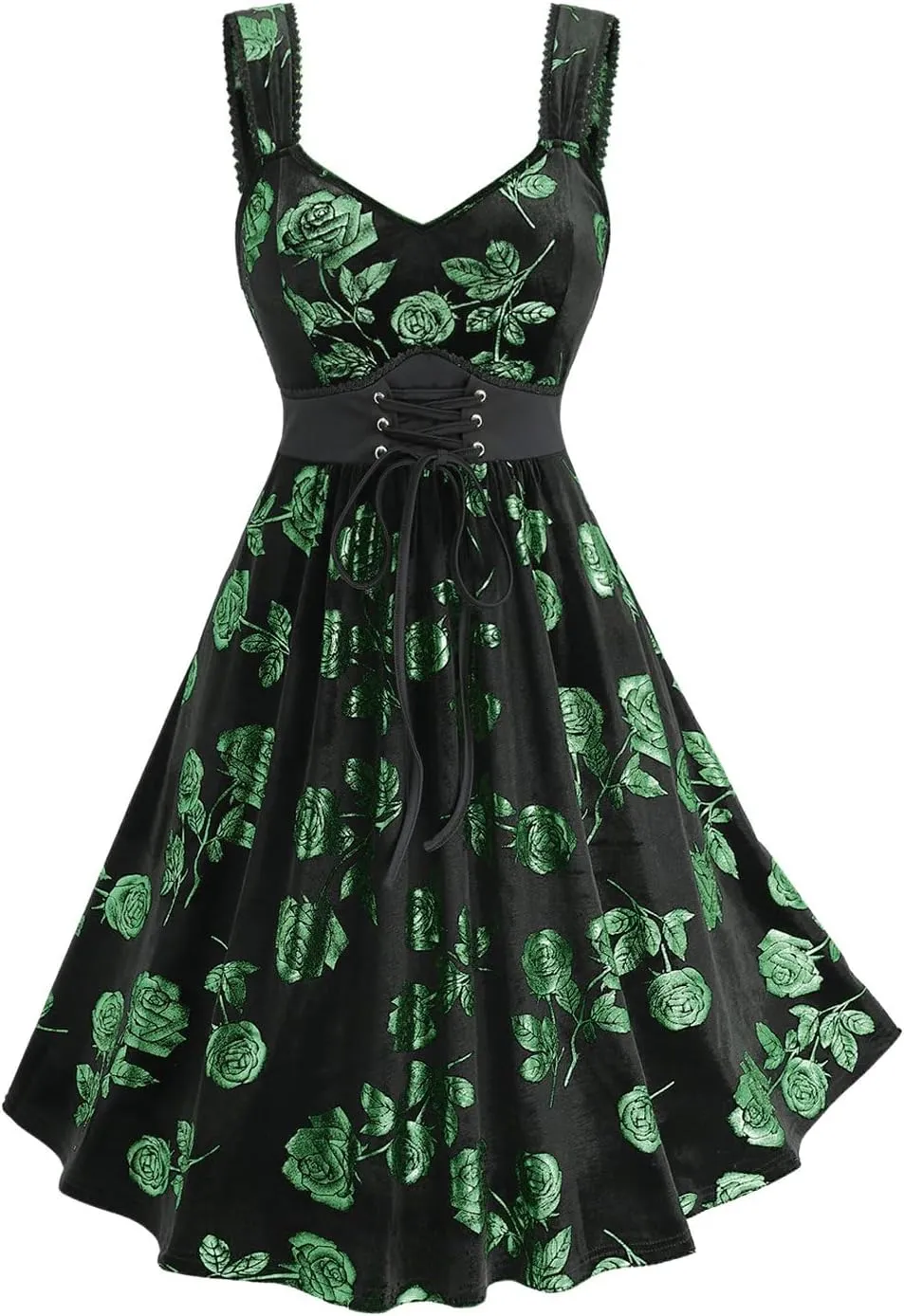 Rosegal Women Plus Size Gilding Rose Lace Up Velvet Sleeveless Swing Dress