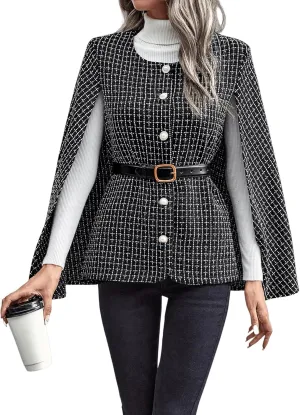 WDIRARA Women's Plaid Print Cloak Sleeve Round Neck Button Front Jacket Blazer Cape Coat
