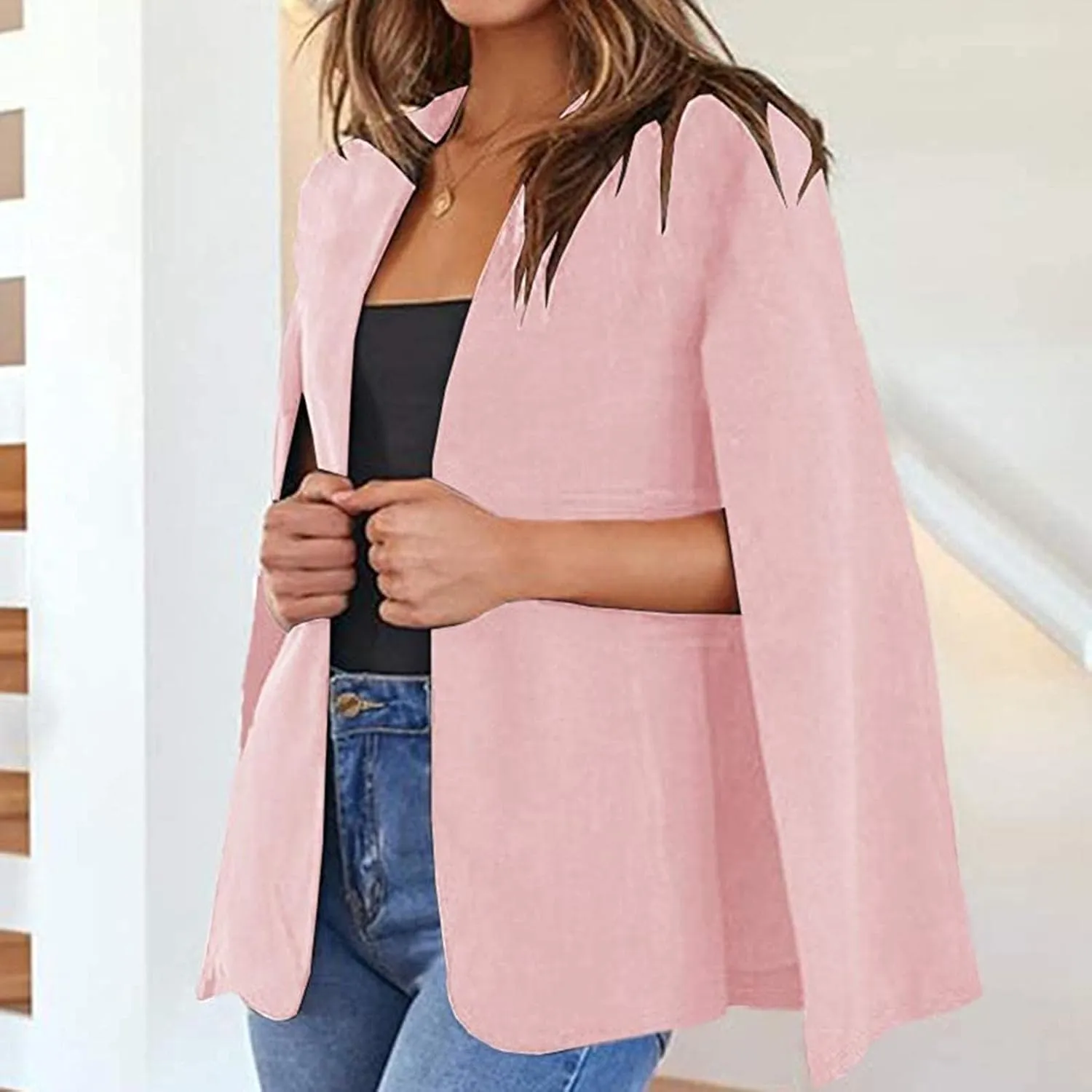 Women Cape Blazer Split Sleeve Open Front Casual Jacket Loose Short Cloak Coat Cardigan Business Office Workwear