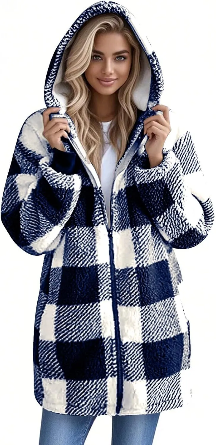 Women Fleece Jacket Plaid Hooded Zip Up Coat Comfy Fuzzy Sherpa Jacket Cardigan with Pockets Oversized Winter Coat