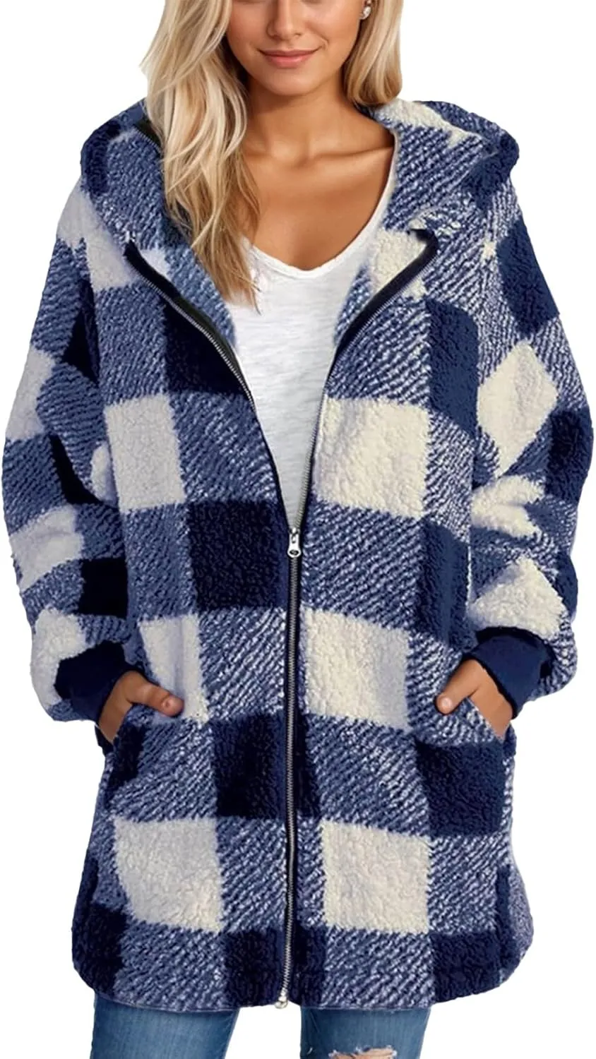 Women Fleece Jacket Plaid Hooded Zip Up Coat Comfy Fuzzy Sherpa Jacket Cardigan with Pockets Oversized Winter Coat