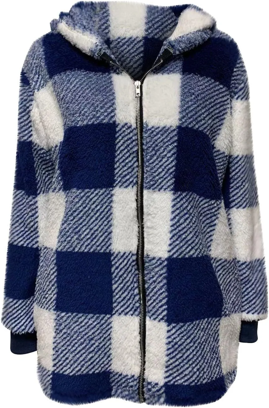 Women Fleece Jacket Plaid Hooded Zip Up Coat Comfy Fuzzy Sherpa Jacket Cardigan with Pockets Oversized Winter Coat
