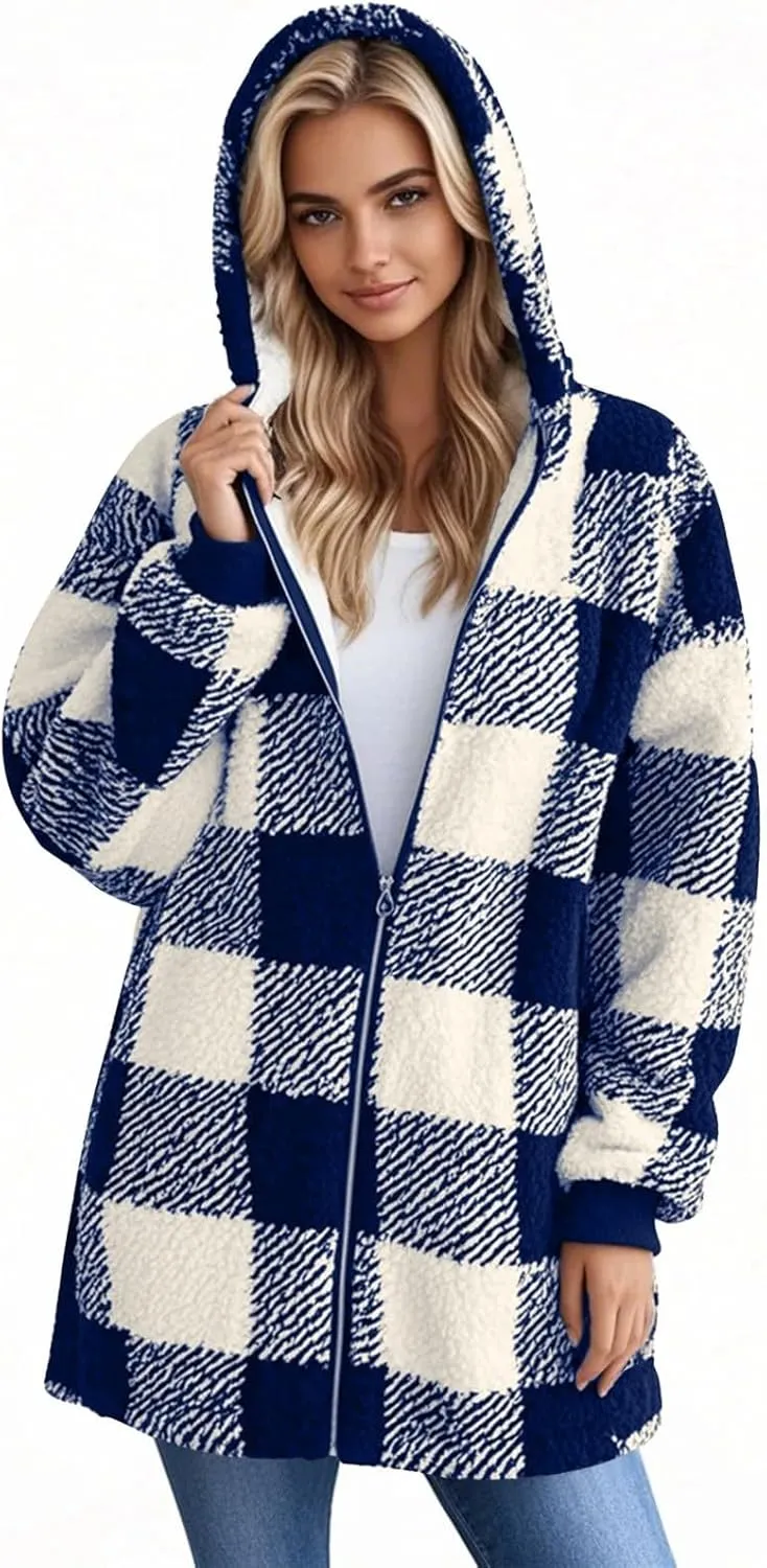 Women Fleece Jacket Plaid Hooded Zip Up Coat Comfy Fuzzy Sherpa Jacket Cardigan with Pockets Oversized Winter Coat