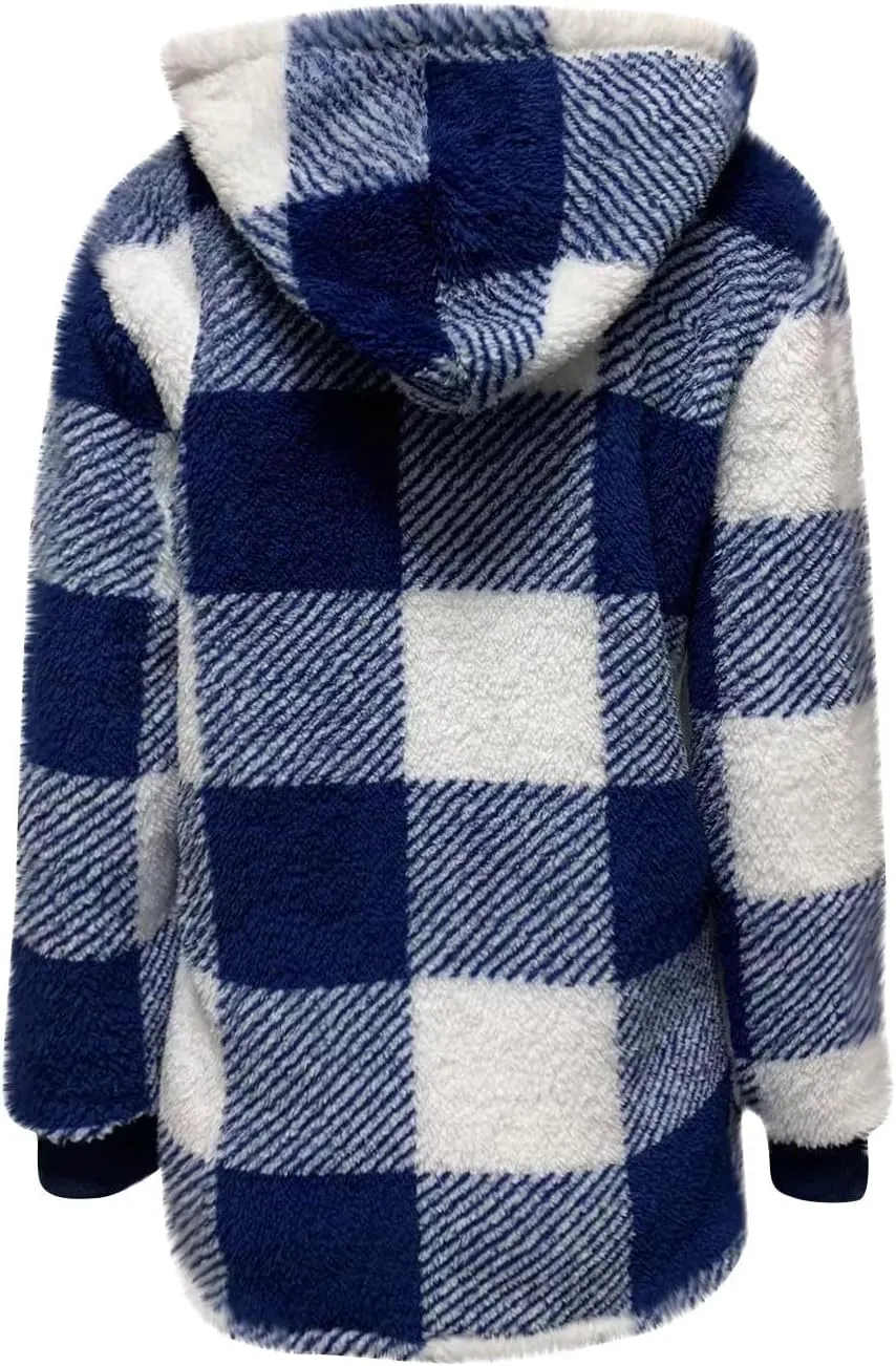 Women Fleece Jacket Plaid Hooded Zip Up Coat Comfy Fuzzy Sherpa Jacket Cardigan with Pockets Oversized Winter Coat