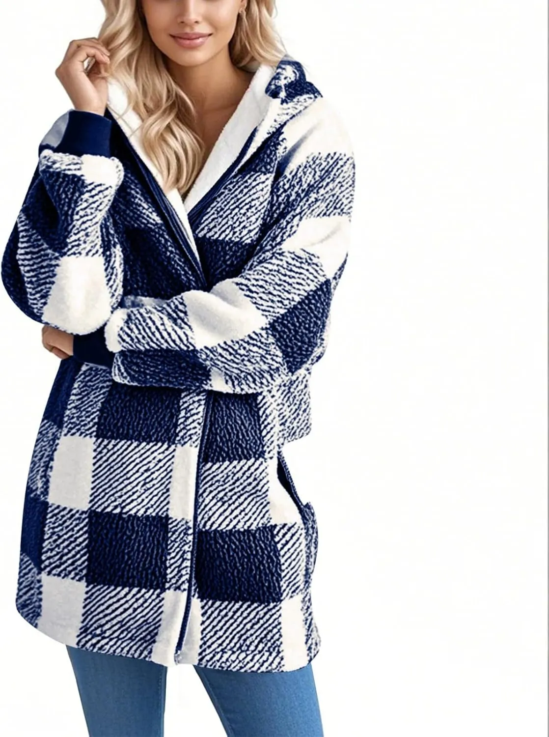 Women Fleece Jacket Plaid Hooded Zip Up Coat Comfy Fuzzy Sherpa Jacket Cardigan with Pockets Oversized Winter Coat