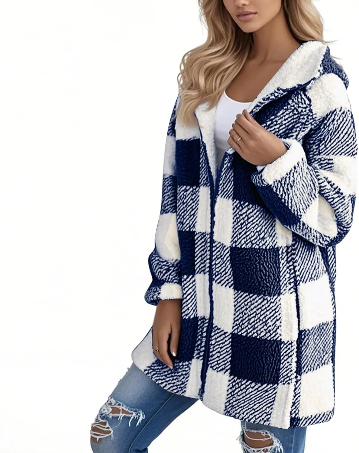 Women Fleece Jacket Plaid Hooded Zip Up Coat Comfy Fuzzy Sherpa Jacket Cardigan with Pockets Oversized Winter Coat