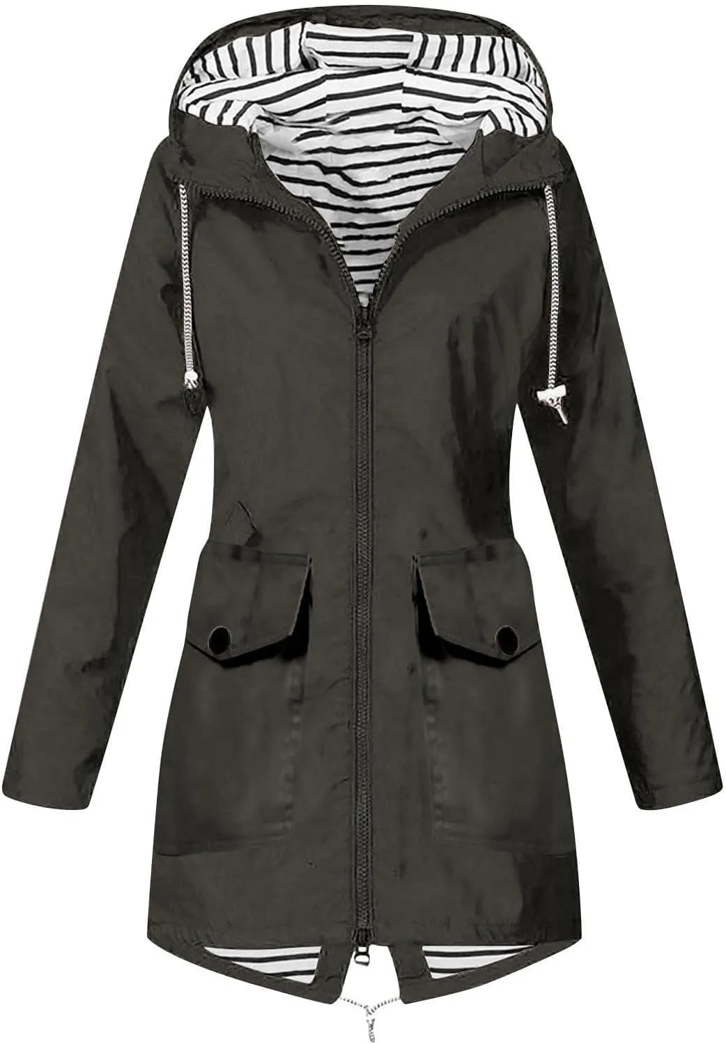 Women Waterproof Jacket Lightweight Long Hooded Raincoat Lined Windbreaker Jacket Zip Up Coat
