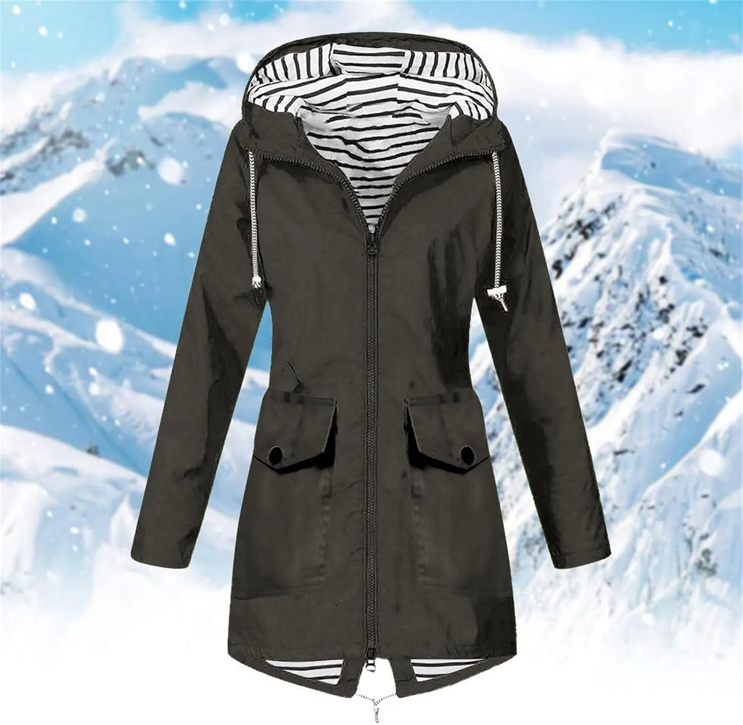 Women Waterproof Jacket Lightweight Long Hooded Raincoat Lined Windbreaker Jacket Zip Up Coat