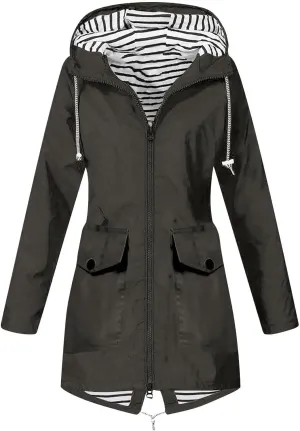 Women Waterproof Jacket Lightweight Long Hooded Raincoat Lined Windbreaker Jacket Zip Up Coat