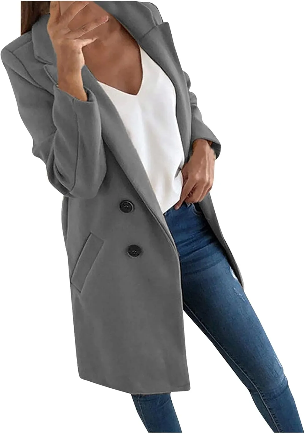 Women's Basic Wool Blend Pea Coats,Essential Double Breasted Midi Wool Blend Pea Coats Blazer Warm Winter Big Jackets