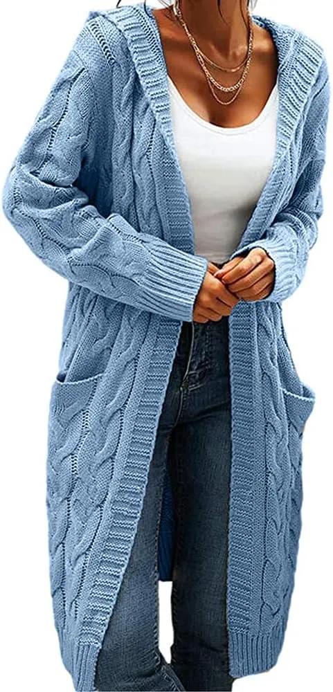 Women's Cable Knit Long Sleeve Sweater Cardigan Open Front Long Cardigans Pocket Hooded Casual Outwear