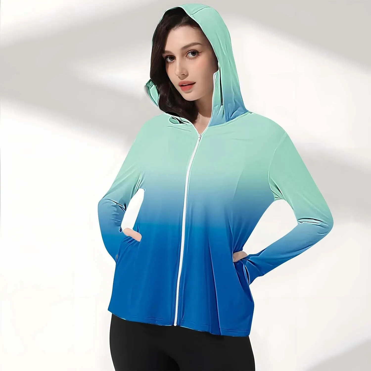Womens Fashion Gradient Color UPF 50  Jacket Lightweight Athletic Workout Long Sleeve Sun Shirt with Thumb Hole