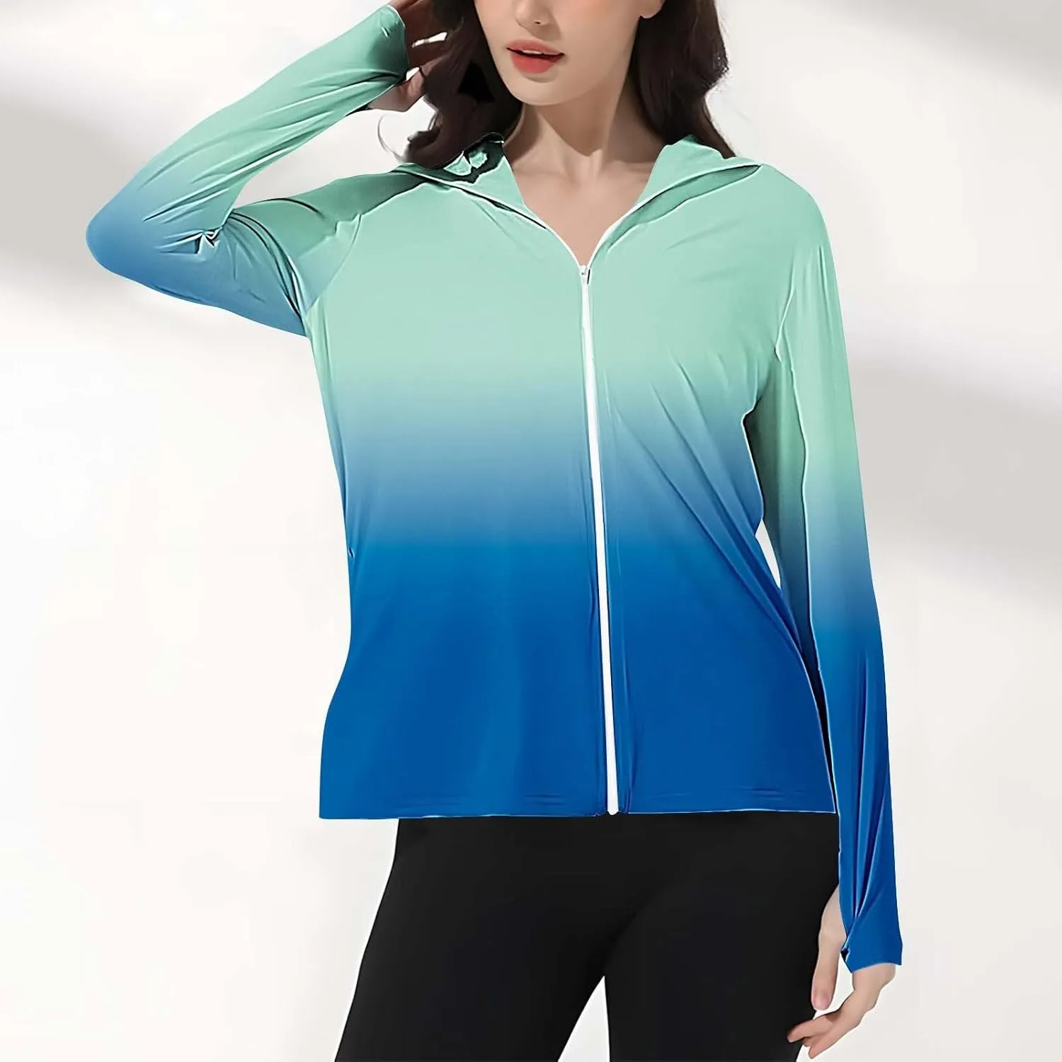 Womens Fashion Gradient Color UPF 50  Jacket Lightweight Athletic Workout Long Sleeve Sun Shirt with Thumb Hole