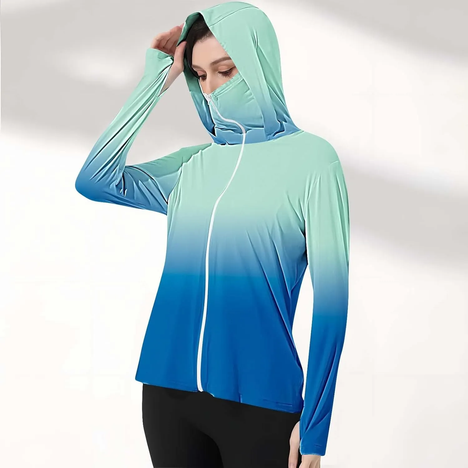 Womens Fashion Gradient Color UPF 50  Jacket Lightweight Athletic Workout Long Sleeve Sun Shirt with Thumb Hole