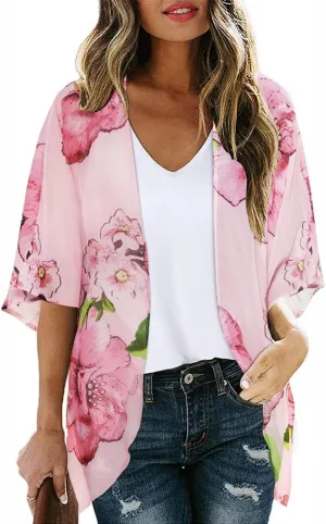 Women's Floral Cardigan Coverups Bohemian Kimono Loose Cover Up Tops Beach Swimsuit Puff Sleeve Blouse Female Chiffon Summer