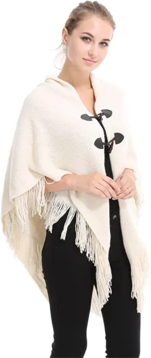 Women's Knit Cape Poncho Sweater with Fringes Pullover Shawls Wraps Capes