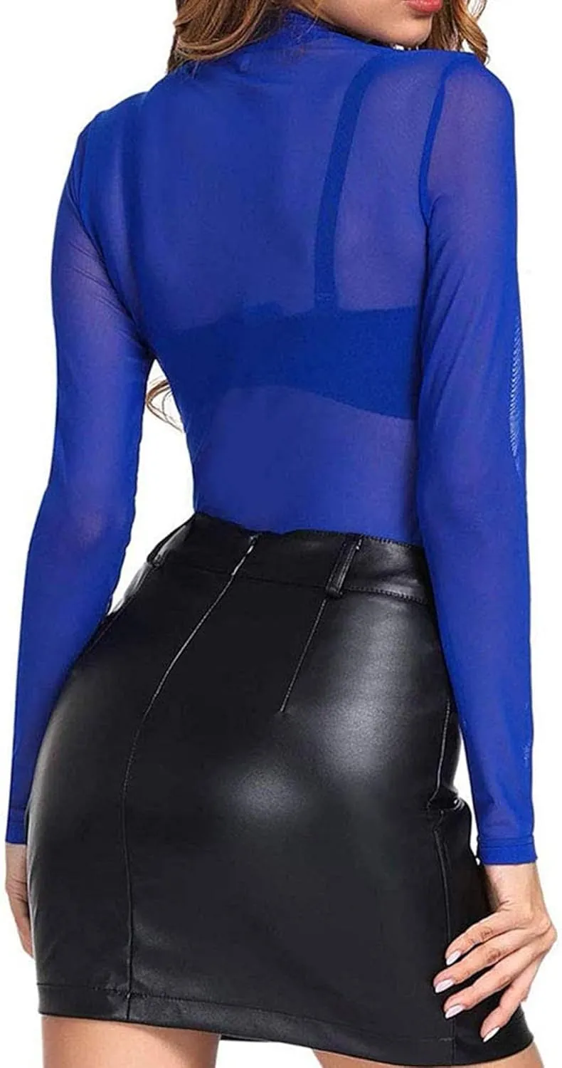 Women's Mesh Tops Long Sleeve See Through Sheer Glitter Sequin Tops Turtleneck Neck Blouse Sexy Clubwear T Shirts