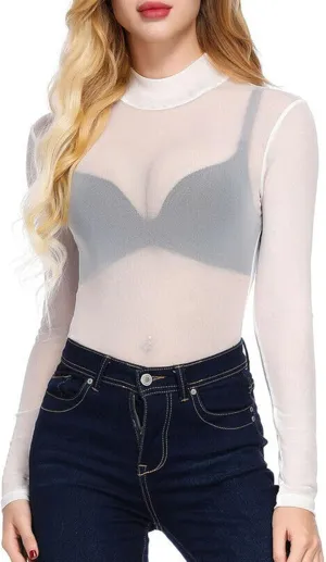 Women's Mesh Tops Long Sleeve See Through Sheer Glitter Sequin Tops Turtleneck Neck Blouse Sexy Clubwear T Shirts