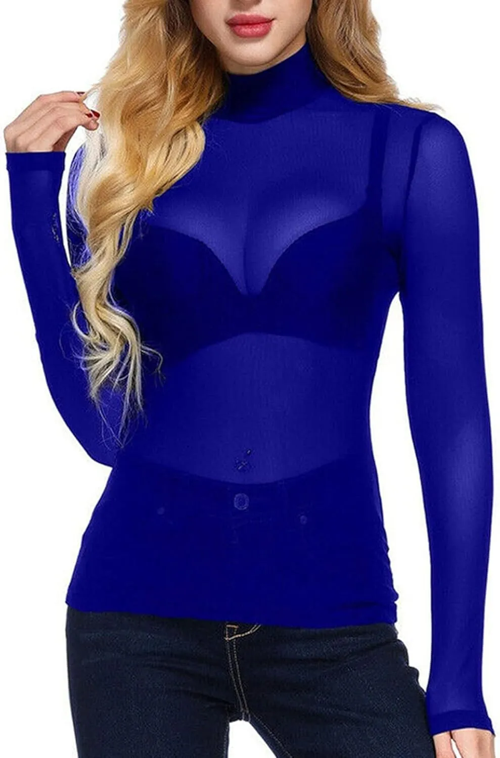 Women's Mesh Tops Long Sleeve See Through Sheer Glitter Sequin Tops Turtleneck Neck Blouse Sexy Clubwear T Shirts