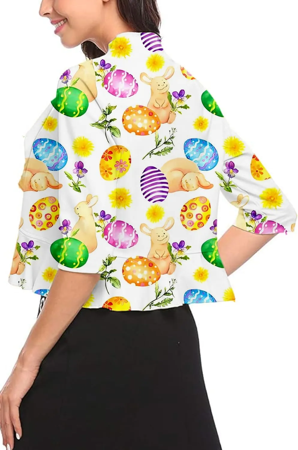 Women's Open Front Cropped Cardigan 3/4 Sleeve Casual Shrugs Jacket Draped Ruffles Bolero Cardigan