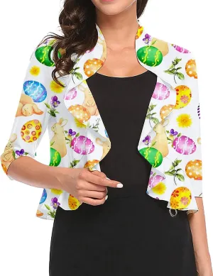 Women's Open Front Cropped Cardigan 3/4 Sleeve Casual Shrugs Jacket Draped Ruffles Bolero Cardigan