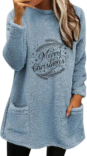 Womens Sherpa Pullover Sweatshirt Funny Christmas Prnted Tops Oversized Long Sleeve Crewneck Warm Coat with Pockets