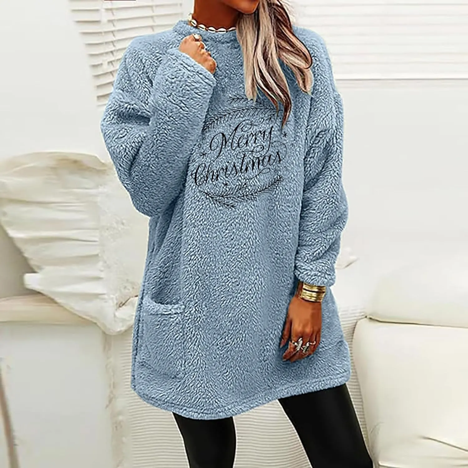 Womens Sherpa Pullover Sweatshirt Funny Christmas Prnted Tops Oversized Long Sleeve Crewneck Warm Coat with Pockets