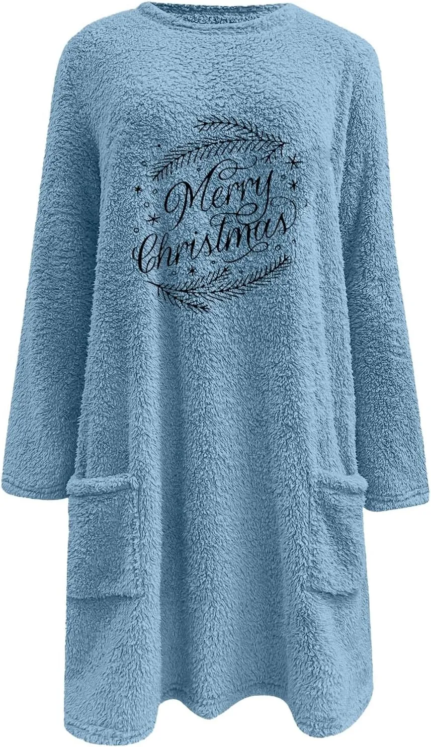 Womens Sherpa Pullover Sweatshirt Funny Christmas Prnted Tops Oversized Long Sleeve Crewneck Warm Coat with Pockets