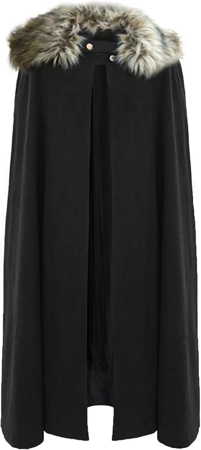 XUNRYAN Mens Renaissance Wool Blend Cloak with Hood Vintage Robes Solid Casual Maxi Long Cape Coat Cosplay Halloween Costume