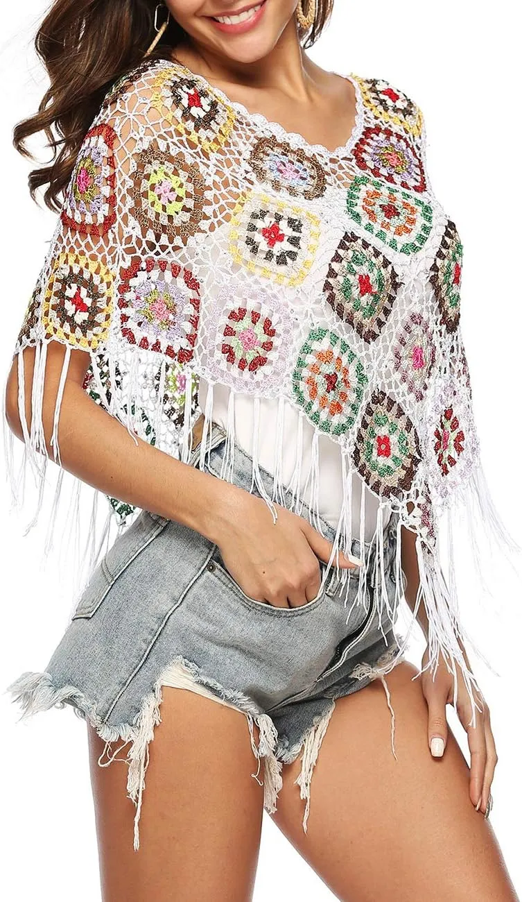 xxxiticat Women's Embroidery Print Hollow Out Bikini Blouse Cloak Poncho Cape Fringe Hem Crochet Floral Beach Cover Ups Tops