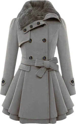 YMING Womens Lapel Faux Fur Collar Jacket Double Breasted Wool Blend Trench Coat Midi Swing Peacoats with Belt