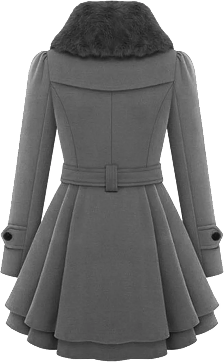 YMING Womens Lapel Faux Fur Collar Jacket Double Breasted Wool Blend Trench Coat Midi Swing Peacoats with Belt